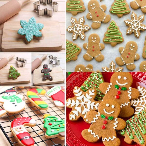 Four square shots of Christmas Cookie Cutter Set cookies.