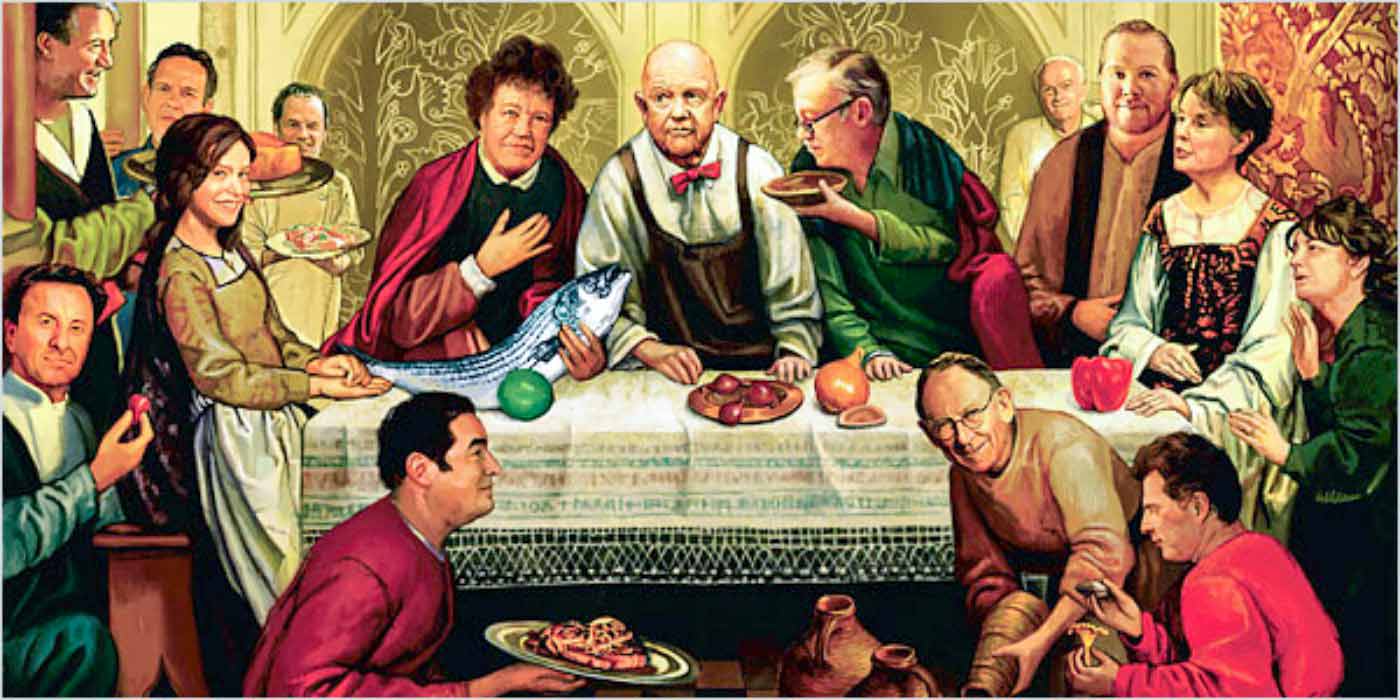 An illustration of James Beard in The Last Supper, featured in the podcast Talking With My Mouth Full Ep. 34: An Intimate Look at James Beard with John Birdsall.