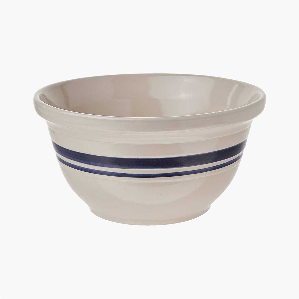 A blue striped large bowl as part of Kate McDermott's favorite kitchen things.