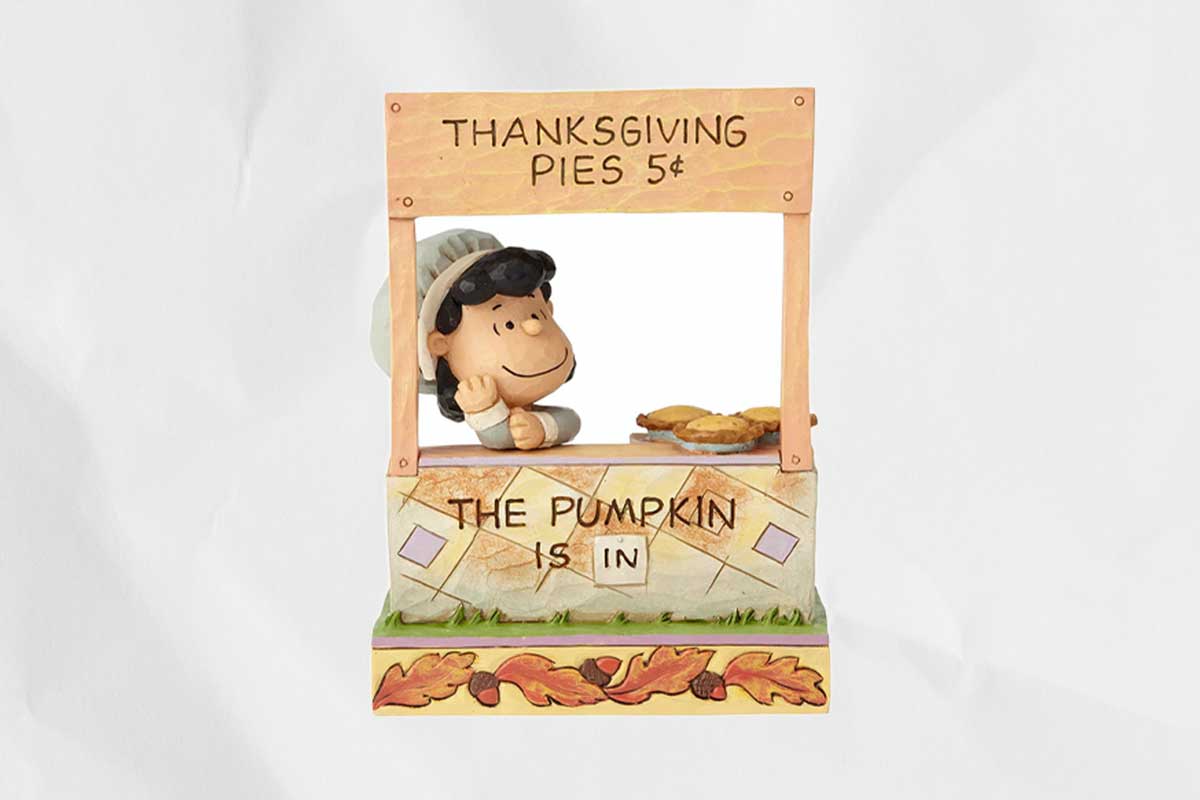 Decorations of a Charlie Brown character selling Thanksgiving Pies for the podcast Talking With My Mouth Full, Ep. 33: Kate McDermott: How to Make Pie Crust.