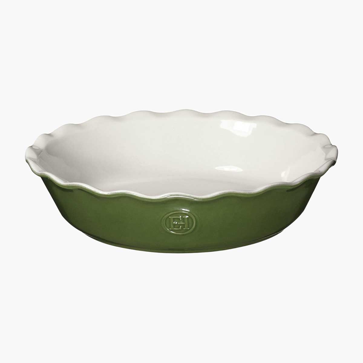 A green Emile Henry pie plate, as part of Kate McDermott's favorite kitchen things.