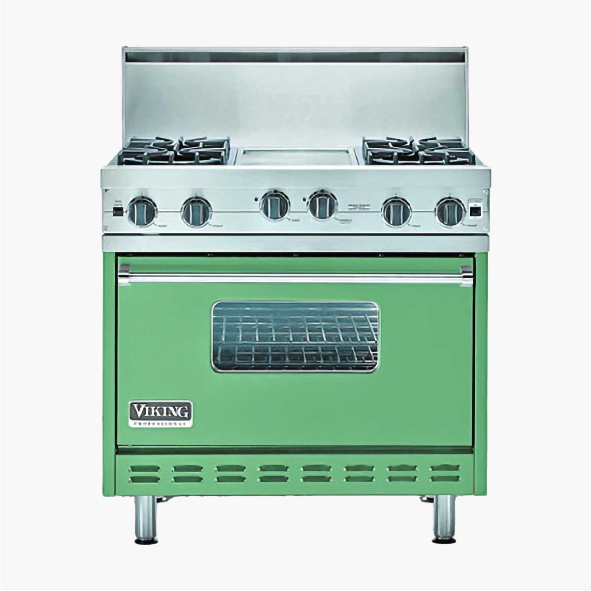 A green Viking oven, as part of Kate McDermott's favorite kitchen things.