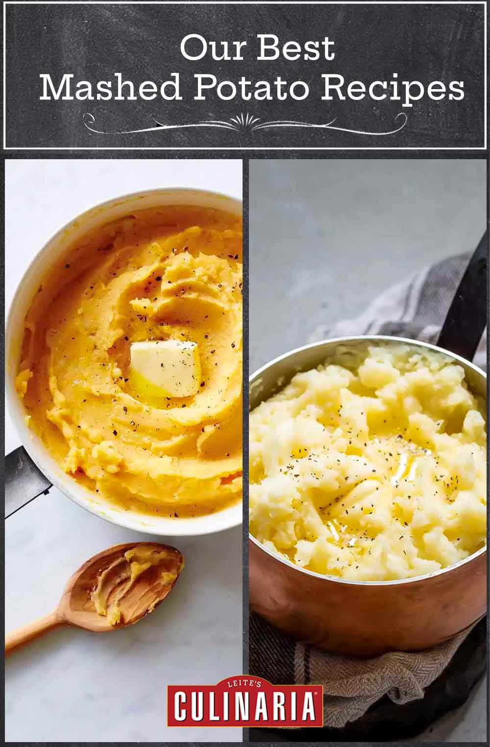 Images of two mashed potatoes recipes -- pumpkin mashed potatoes and garlic mashed potatoes.