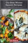 Images of two winter squash recipes -- a butternut squash salad, and a butternut squash quiche.
