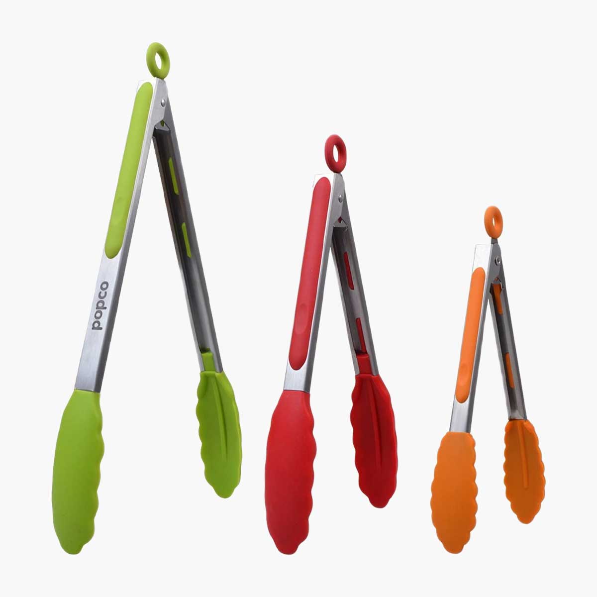 Popco Silicone Tipped Tongs green red and orange with white background.