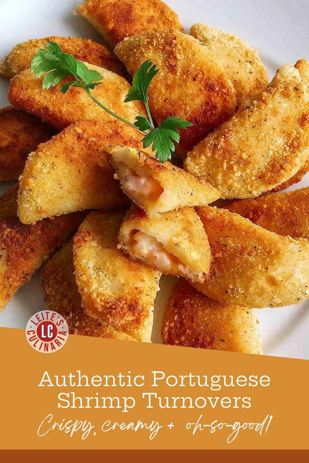 A plate of crispy, golden-brown fried Portuguese shrimp turnovers, with one cut open to reveal the creamy, savory filling.