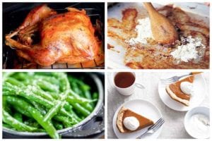 Images of four first Thanksgiving dinner recipes -- roast turkey, pan gravy, pan-fried green beans, and maple pumpkin pie.