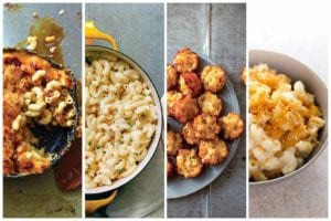 Images of four mac 'n' cheese recipes - macaroni au gratin, three ingredient mac and cheese, mac and cheese canapes, and baked macaroni and cheese with bread crumbs.