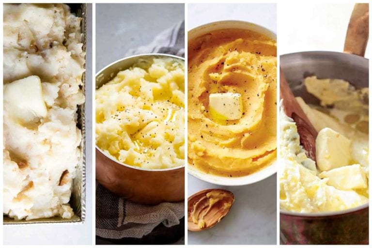 Images of four mashed potatoes recipes -- roasted garlic mashed potatoes, garlic mashed potatoes, pumpkin mashed potatoes, and velvet mashed poatotes.
