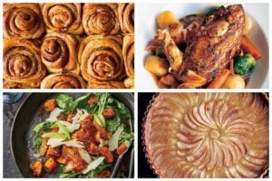 A grid of four must make autumn recipes including cinnamon buns, braised chicken, roasted butternut squash salad, and apple tart.