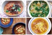 Images of four soup recipes -- Moroccan lentil soup, turkey meatball soup, ancho chile soup, and brodo di pollo.
