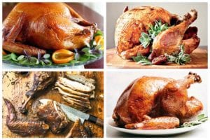 Images of four turkey recipes -- a smoked turkey, a deep-fried turkey, a carved Texas-style smoked turkey, and a dry brine turkey.