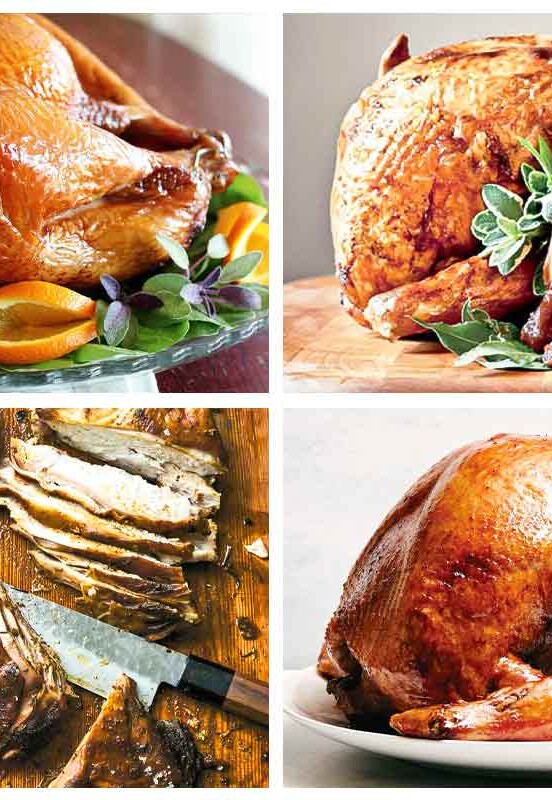 Images of four turkey recipes -- a smoked turkey, a deep-fried turkey, a carved Texas-style smoked turkey, and a dry brine turkey.