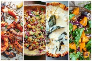 Images of four winter squash recipes -- grilled squash, two butternut squash and grain salads, and a butternut squash quiche.