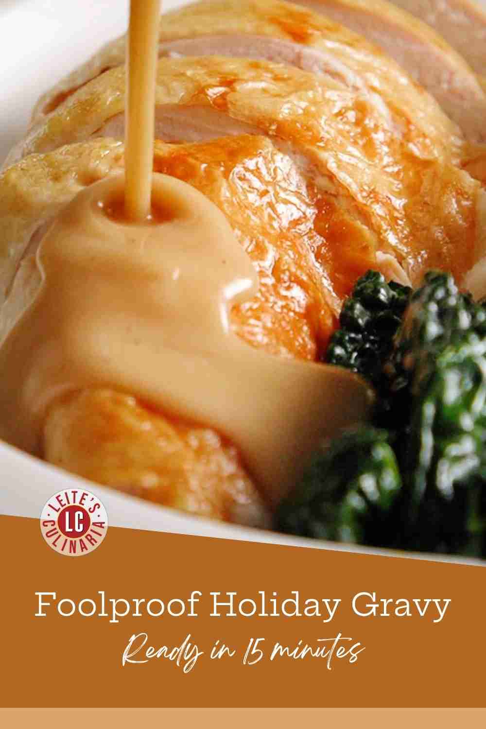 A hand stirring a wooden spoon to blend white flour into dark brown, savory meat drippings and fat on a metal roasting pan.