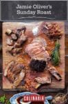 Jamie Oliver's Sunday roast carved and displayed on a wooden cutting board.