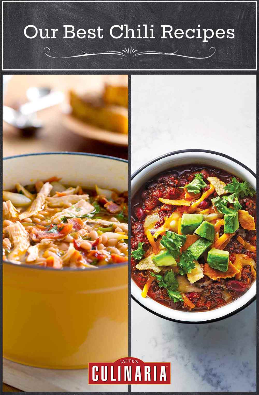 Images of two chili recipes -- white bean and chicken chili and quinoa chili