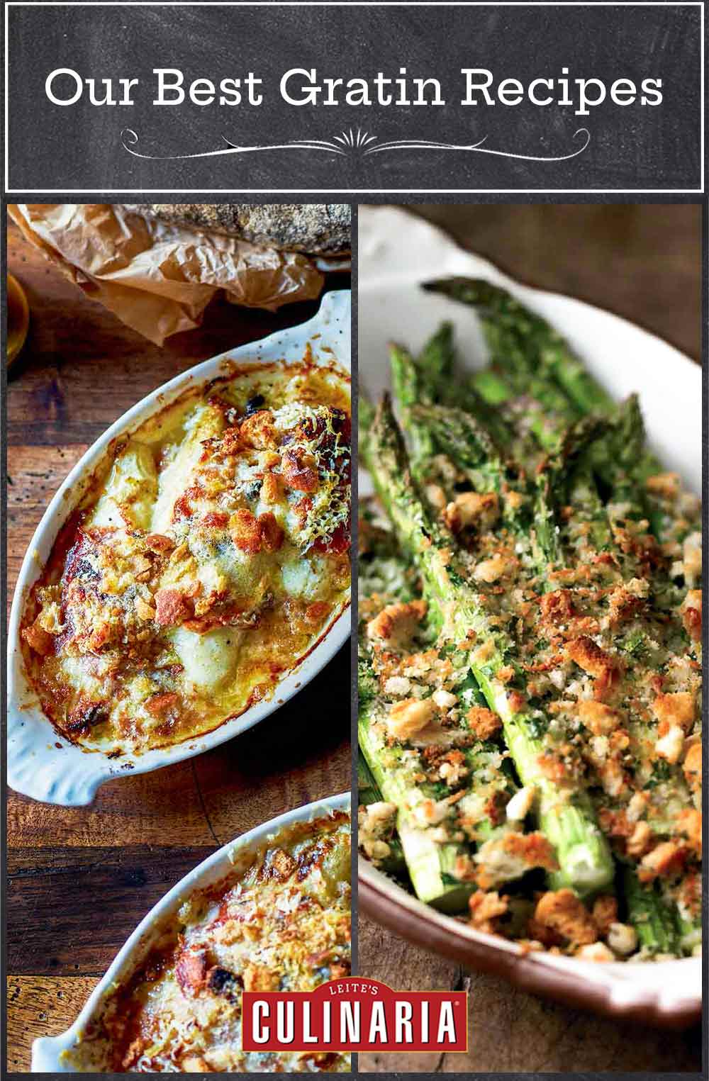 Images of two gratin recipes -- endive gratin and asparagus and asiago gratin.