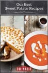 Images of two sweet potato recipes -- sweet potato pie and sweet potato soup with coconut milk.