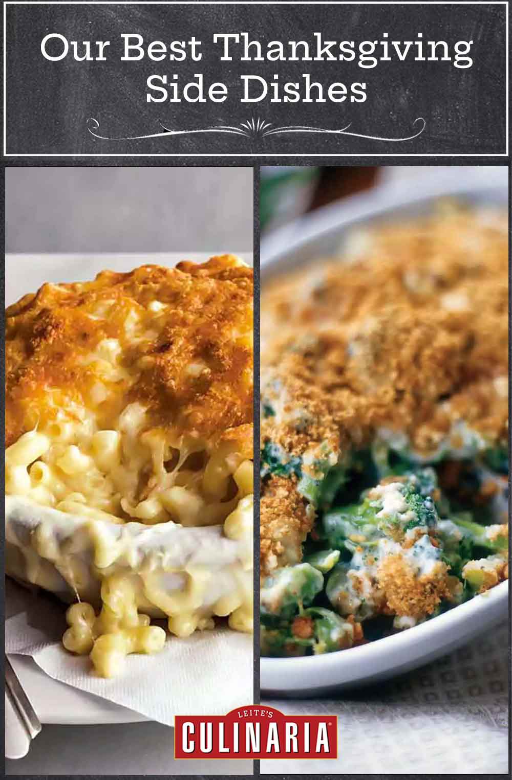 Images of two Thanksgiving side dish recipes -- macaroni au gratin, and broccoli blue cheese gratin.