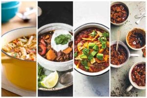 Images of four chili recipes -- white bean and chicken, shredded beef with sweet potato, quinoa, and chili con carne.
