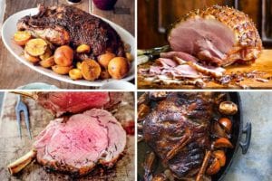 Four images of our Christmas dinner recipes -- roast duck, ham, standing rib roast, and roast lamb.