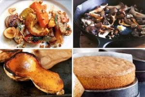 Images of four gluten-free thanksgiving recipes -- roasted root vegetables, pan roasted mushrooms, butternut squash, and spiced nut cake.