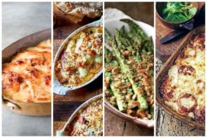 Images of four gratin recipes -- sweet potato gratin, endive gratin, asparagus and asiago gratin, and root vegetable gratin.