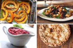 Images of four new-fangled Thanksgiving recipes -- roast squash, baked mushrooms, cranberry relish, and hot buttered rum apple pie.