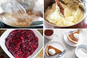 Images of four old-fashioned Thanksgiving recipes -- gravy, velvet mashed potatoes, cranberry and orange relish, and pumpkin pie.