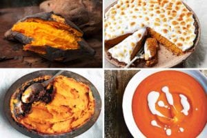 Images of four sweet potato recipes -- roasted sweet potatoes, sweet potato pie, sweet potato cottage pie, and sweet potato soup with coconut milk.