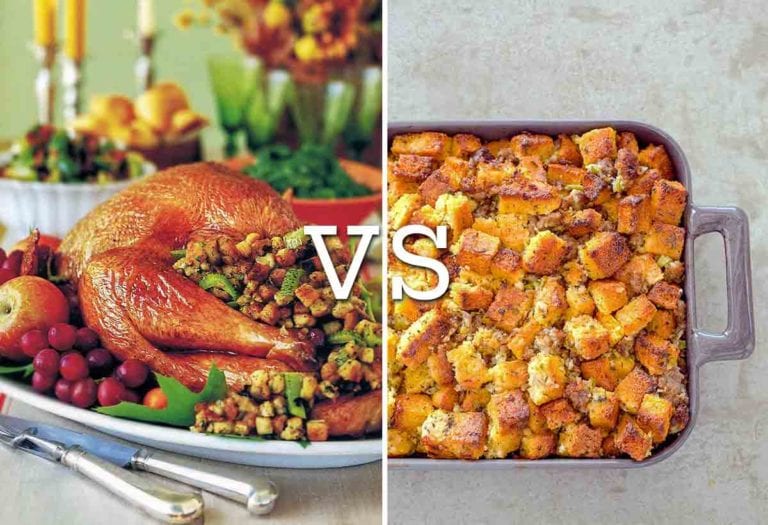 Images of a stuffed turkey and a tray of dressing in answer to explain what the difference is between stuffing and dressing.