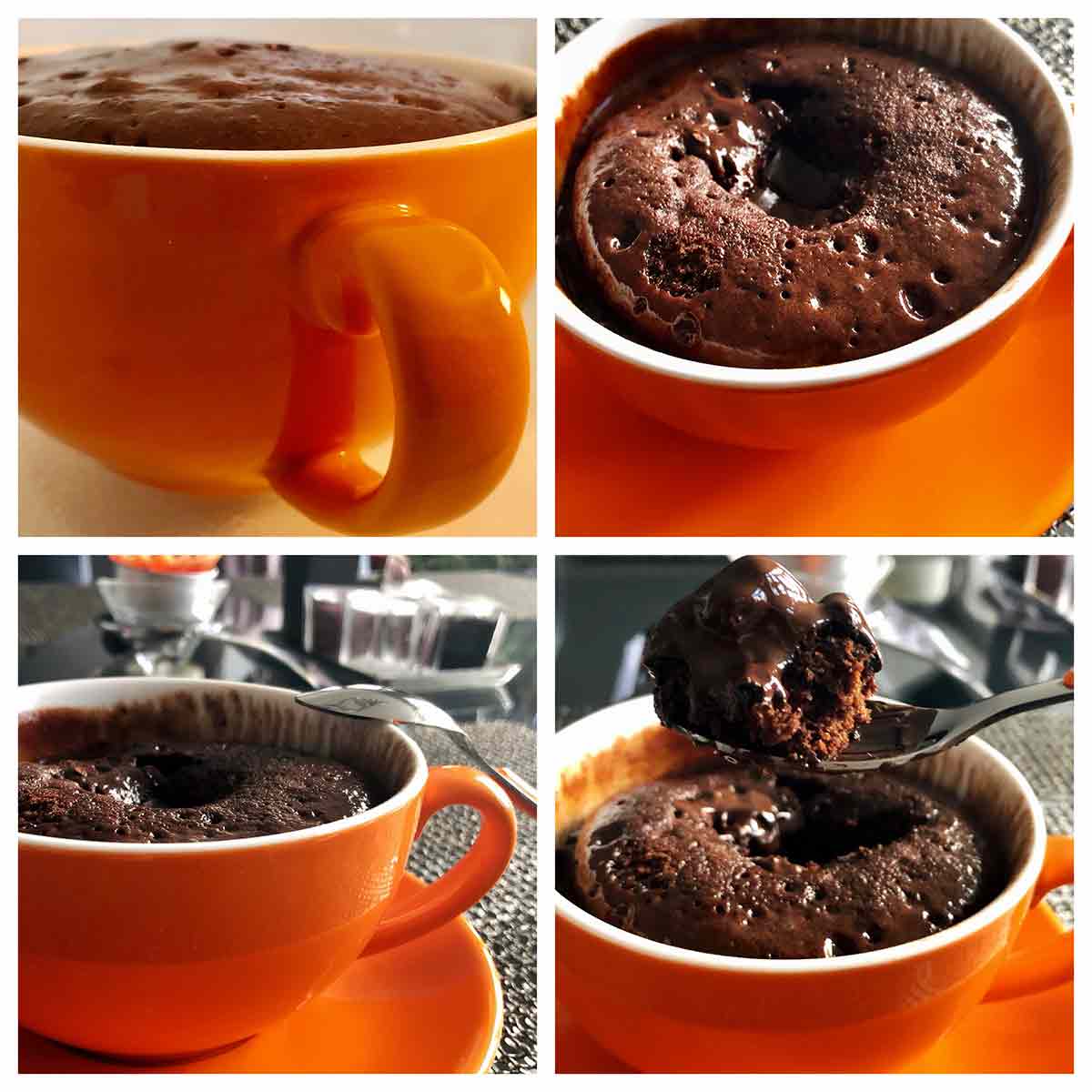 Four images of chocolate mug cake in an orange mug.