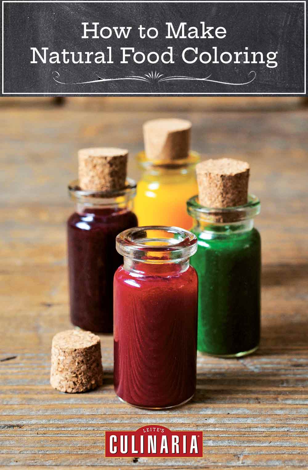 Four bottles of natural food coloring in different shades.