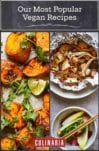 Images of two of the most popular vegan recipes 2020 - roasted sweet potatoes with sriracha and lime and baked mushroom foil packets.