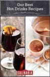Images of two hot drinks recipes -- Swedish glogg and coconut milk hot chocolate.
