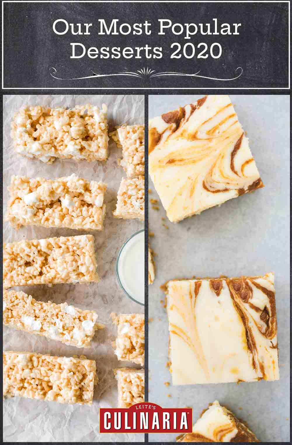 Images of two of the most popular desserts 2020 -- brown butter rice krispie squares and pumpkin swirl cheesecake bars.