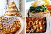 Images of four of the best breakfasts for long weekends -- carrot cake pancakes, eggs Florentine, waffles, and French toast.