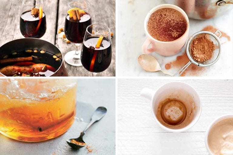 Images of four hot drinks recipes -- Swedish glogg, coconut milk hot chocolate, flue and cold elixir, and Irish cream.