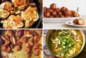 Images of four of the most popular chicken recipes 2020 -- roast chicken thighs, waffle fried chicken, chicken shawarma, and green chicken chili.