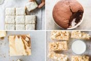 Images of four of the most popular desserts 2020 -- coconut sheet cake, chocolate souffle, pumpkin swirl cheesecake bars, and brown butter rice krispie squares.