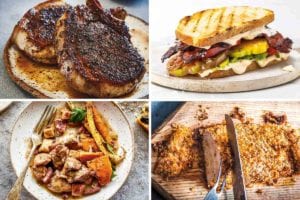 Images of four of the most popular pork recipes 2020 - grilled pork chops, bacon avocado tomato sandwich, pork casserole, and panko crusted pork tenderloin.