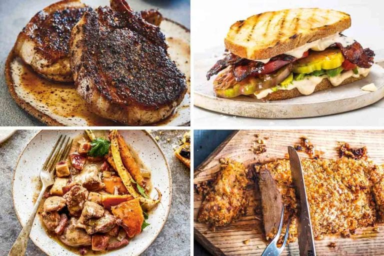 Images of four of the most popular pork recipes 2020 - grilled pork chops, bacon avocado tomato sandwich, pork casserole, and panko crusted pork tenderloin.