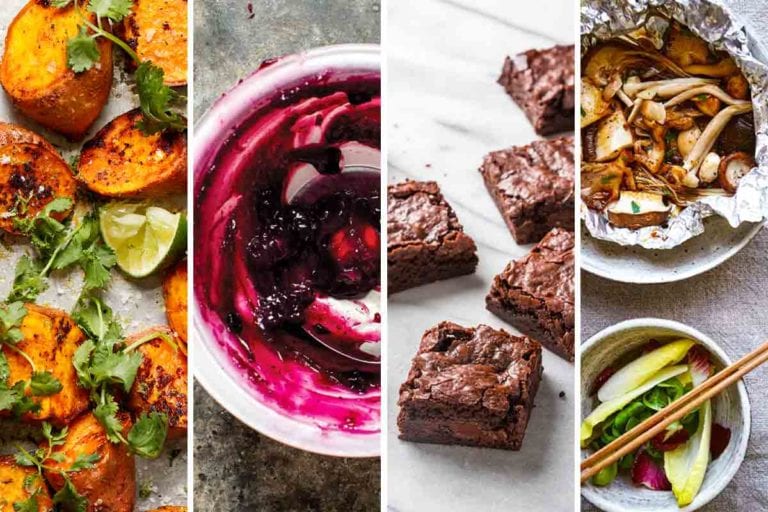 Images of four of the most popular vegan recipes 2020 - roasted sweet potatoes, stovetop fruit pie filling, vegan brownies, and mushroom foil packets.