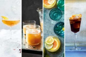 Images of four New Year's Eve cocktail recipes -- champagne cocktail, whiskey sour, sangria spritzer, and adonis.