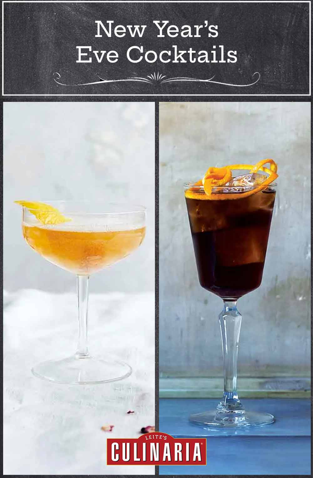 Images of two New Year's Eve cocktails -- champagne cocktail and adonis cocktail.