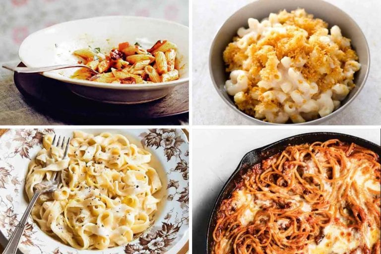 Four of our favorite pasta recipes, including pasta puttanesca, baked mac and cheese, lemony fettuccine alfredo, and baked spaghetti.