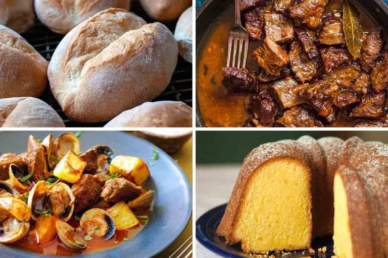 Images of four of 15 Portuguese recipes -- papo secos, cacoila, Portuguese pork with clams, and orange olive oil cake.