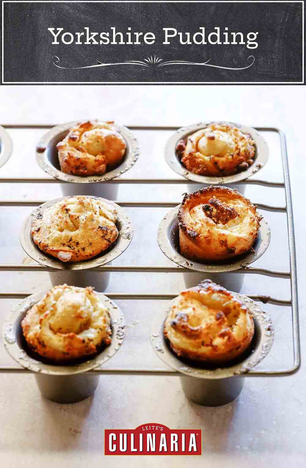 A rack of six golden brown and puffy Yorkshire pudding