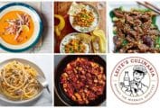 A grid of five weeknight winners, including carrot and chicken soup, curried chickpeas, beef and broccoli, blue cheese and walnut pasta, mapo tofu, and a Manny the Milkman logo.